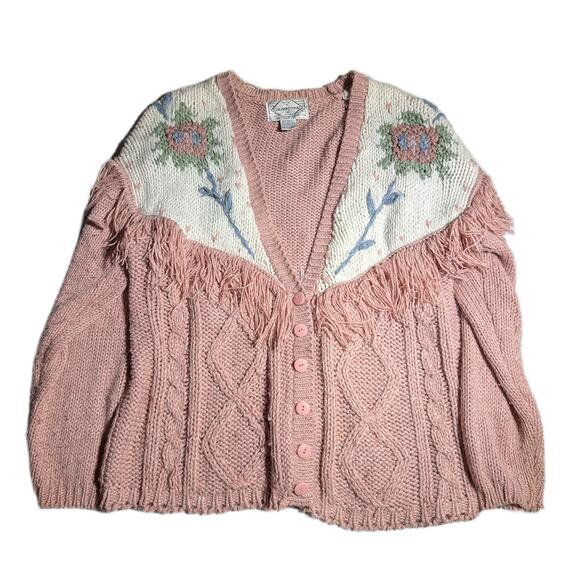 Vtg 1990s Golden Touch Blush Pink Floral Knit Fringe Trim Button Up Cardigan 18W - Picture 1 of 4